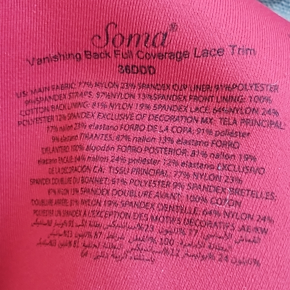 Soma Vanishing Back Full Coverage Lace Trim Underwire Bra 36DDD - Picture 9 of 11